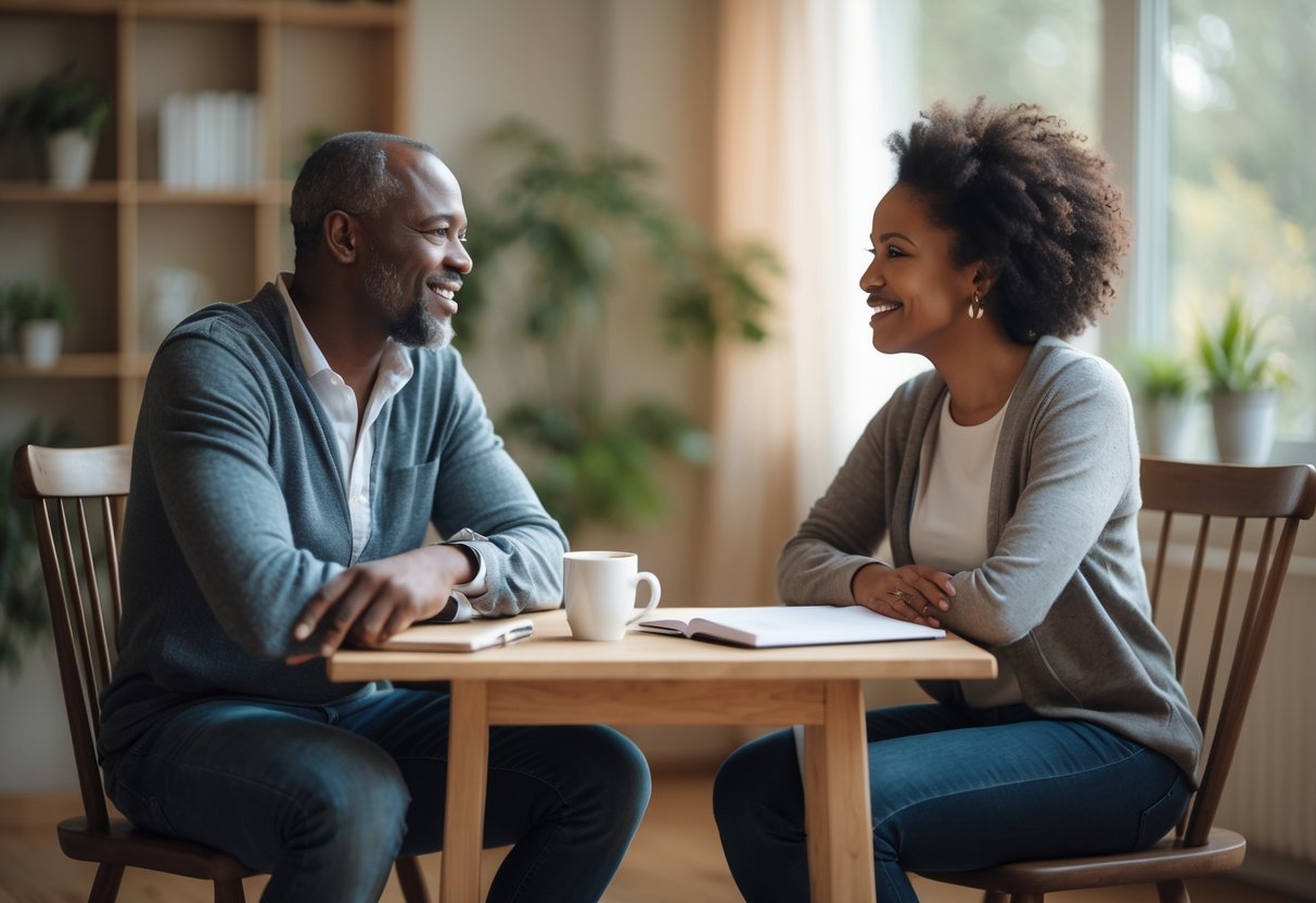 Two adults sitting at a table having a sincere and supportive conversation in a cozy room.