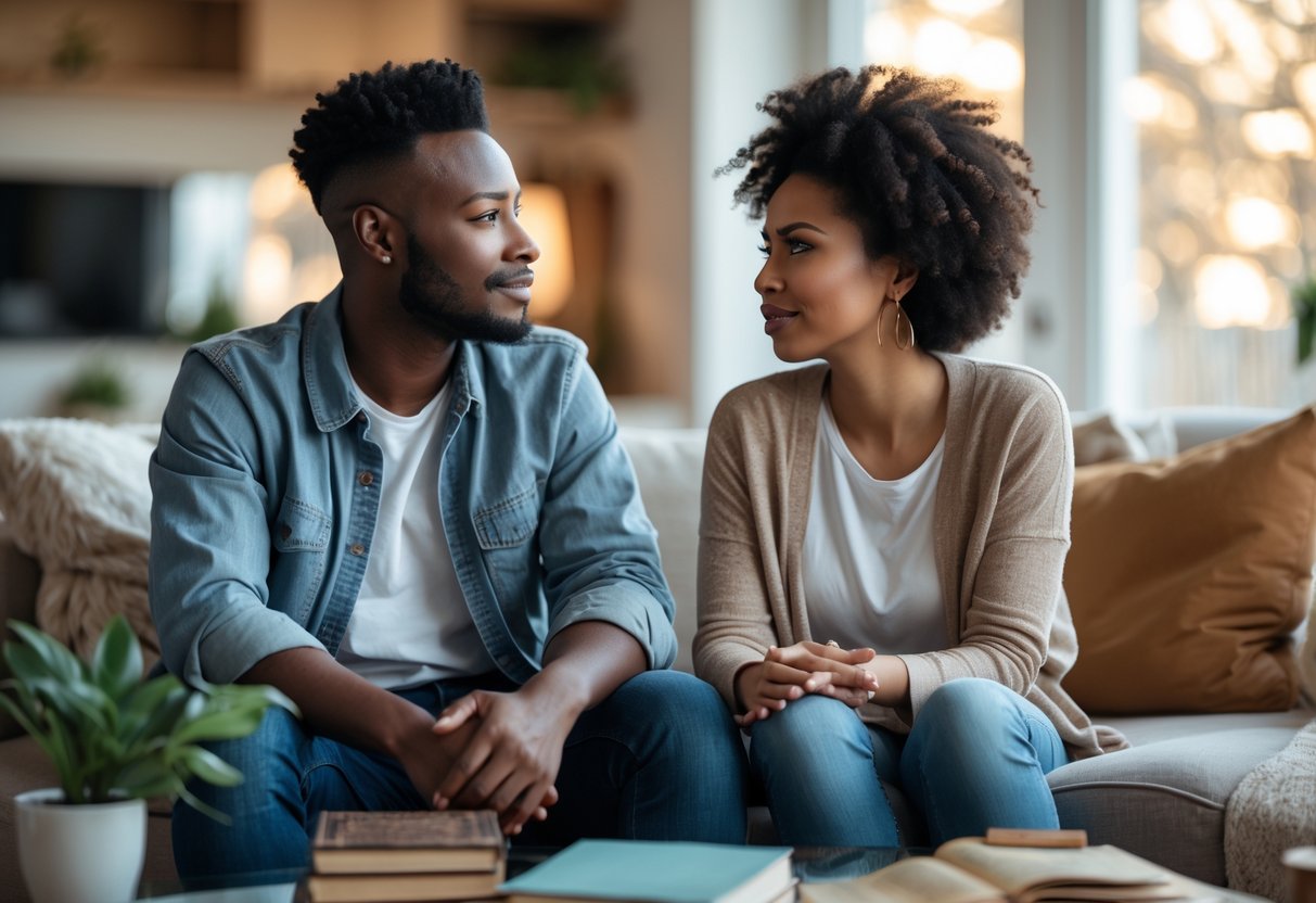A couple sitting together in a living room, having a thoughtful conversation.