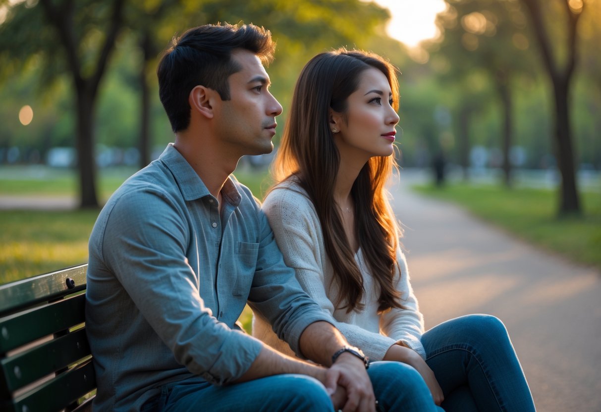 A couple sitting on a park bench looking thoughtful and reflective, with a peaceful park background.