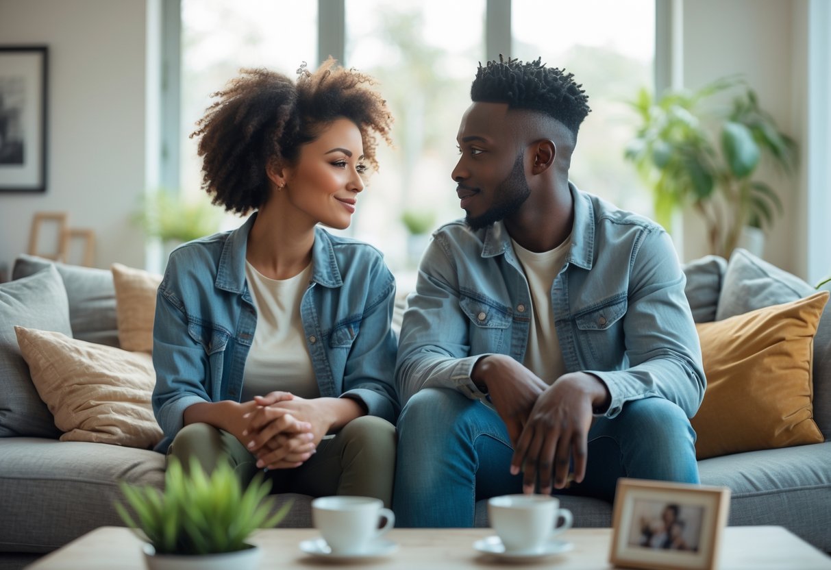 A couple sitting closely on a couch in a living room, having a serious and heartfelt conversation.