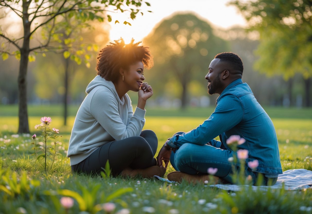 A diverse couple sitting outdoors in a park, having a supportive conversation surrounded by blooming flowers and trees.
