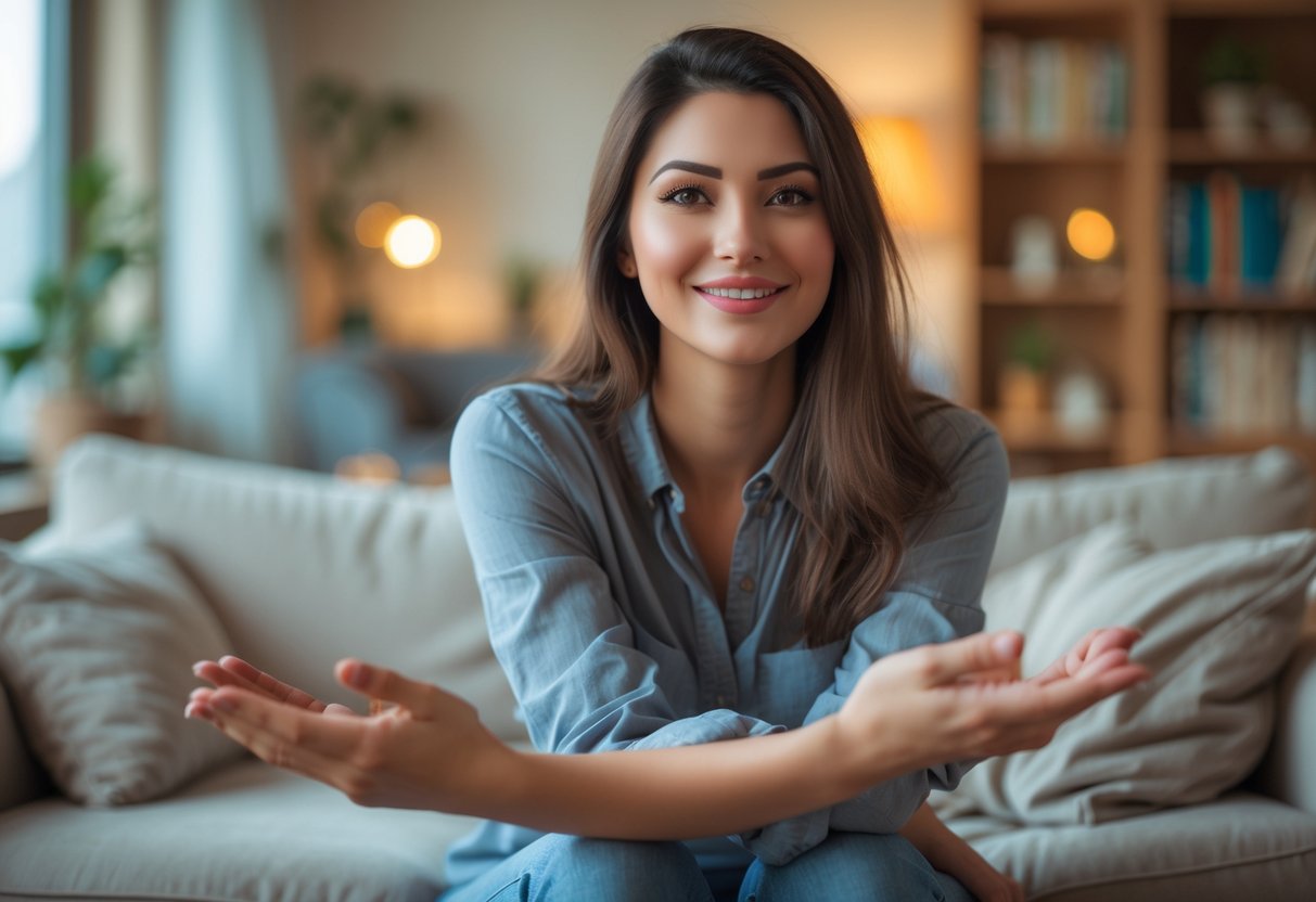 A smiling young woman sitting in a cozy room, looking confident and approachable.