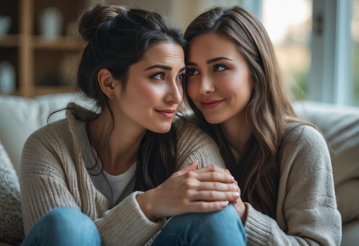 A young woman offering emotional support to her partner by holding his shoulder and sharing a warm, caring smile in a cozy living room.