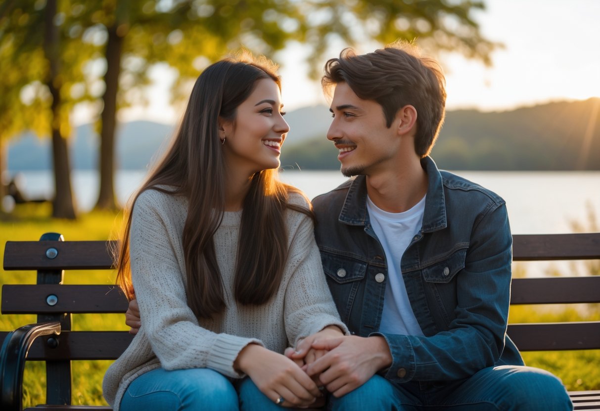A young woman and her partner sitting closely on a park bench, holding hands and smiling at each other surrounded by trees and a lake.