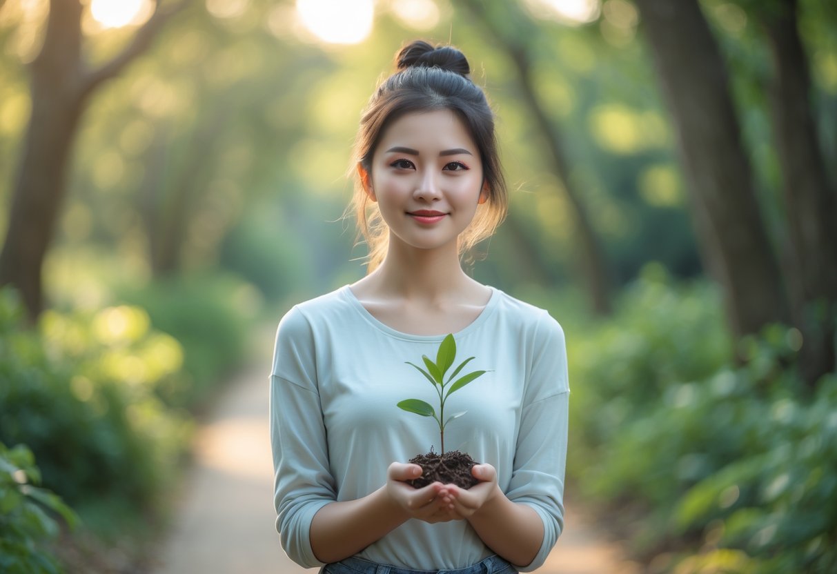 A young woman standing on a path in a green forest holding a small plant, looking calm and thoughtful.