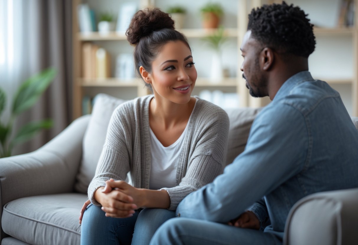A young woman and her partner having a warm and attentive conversation in a cozy living room.