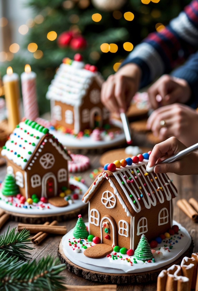 Several decorated gingerbread houses on a table surrounded by candy and people decorating them.