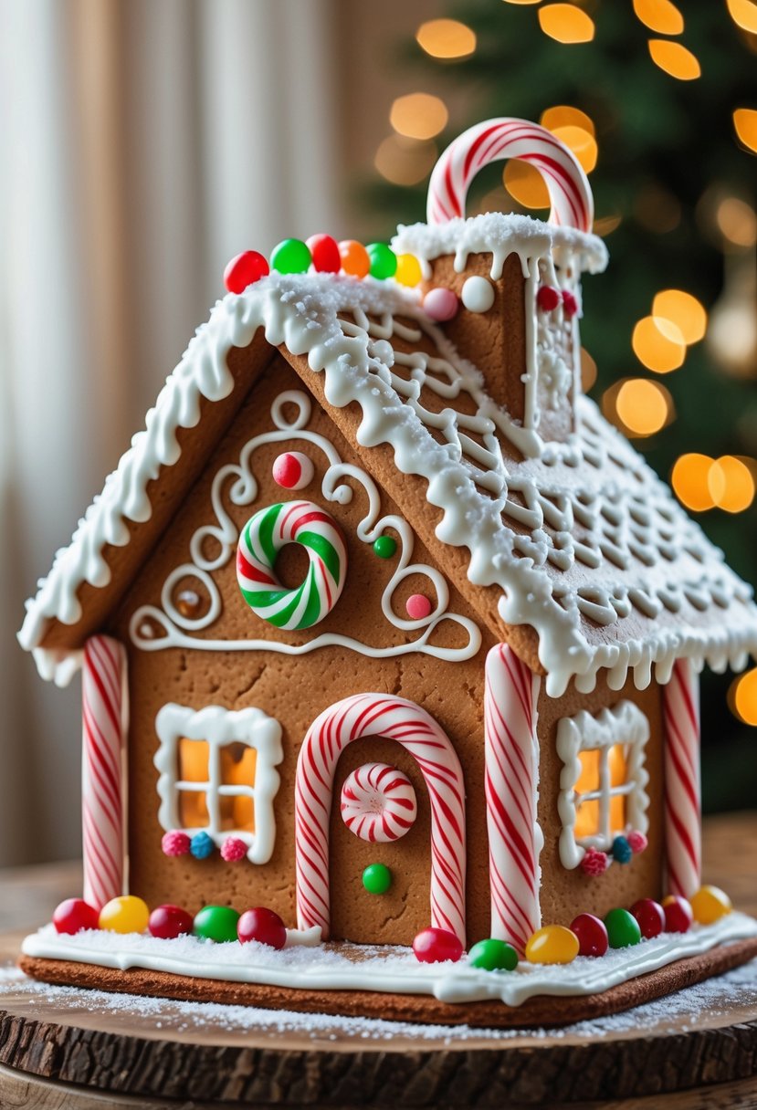 A classic gingerbread house decorated with candy cane pillars and colorful candies on a wooden surface.