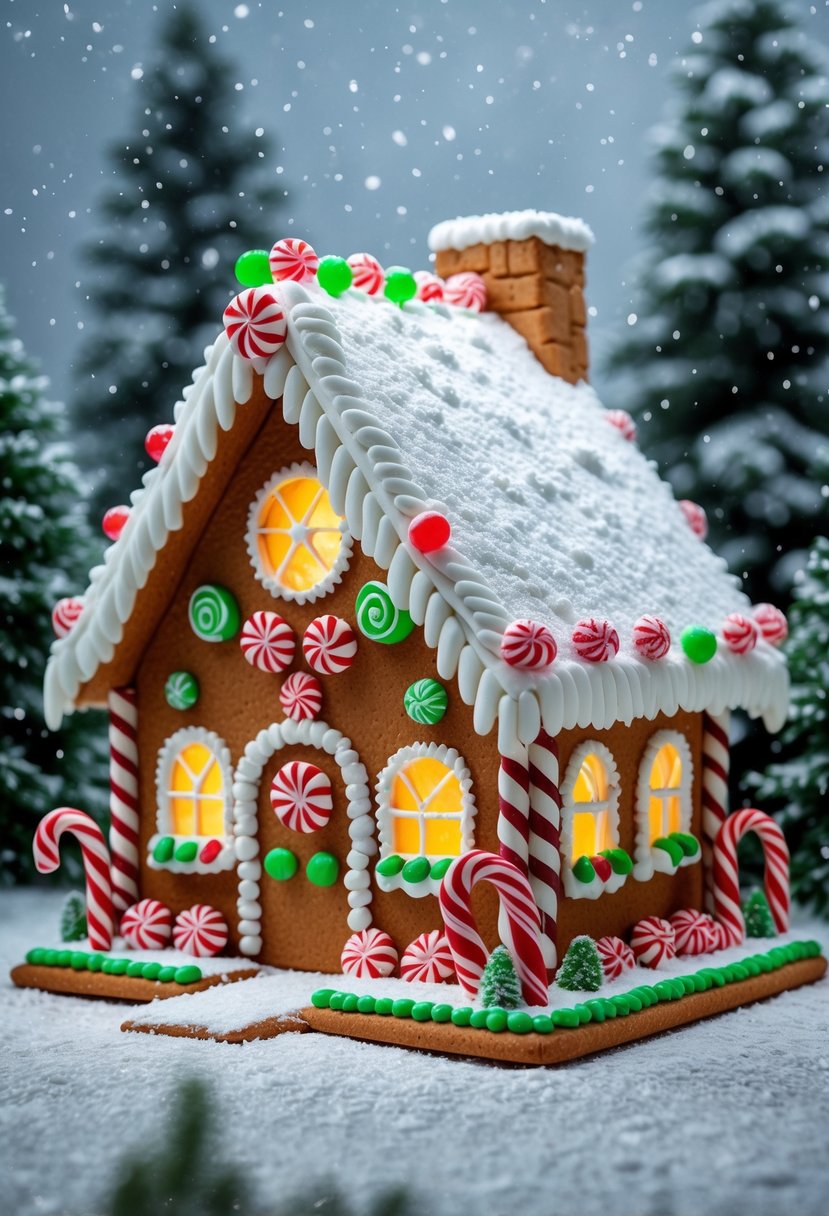 A decorated gingerbread cottage surrounded by snow and pine trees with candy accents and icing resembling snow.