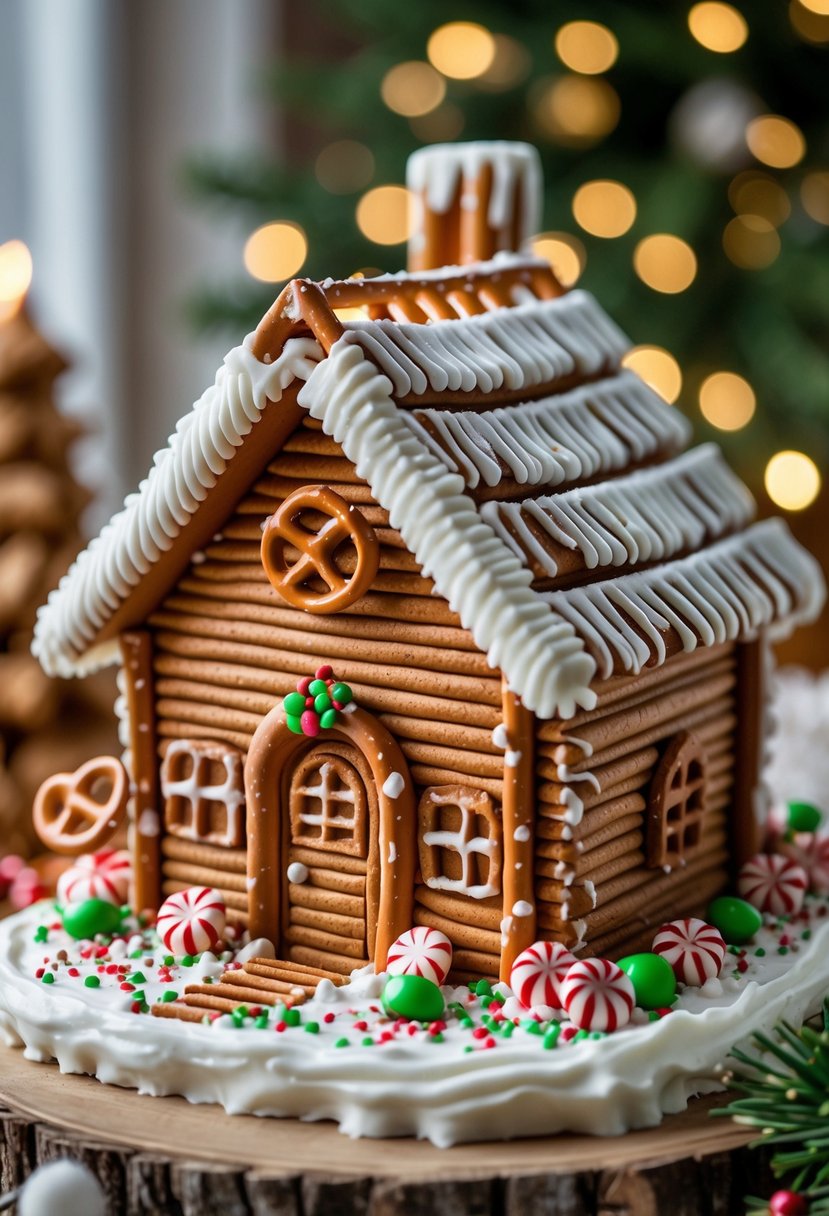 A gingerbread log cabin with a roof made of pretzels, decorated with candy and icing on a snowy base.