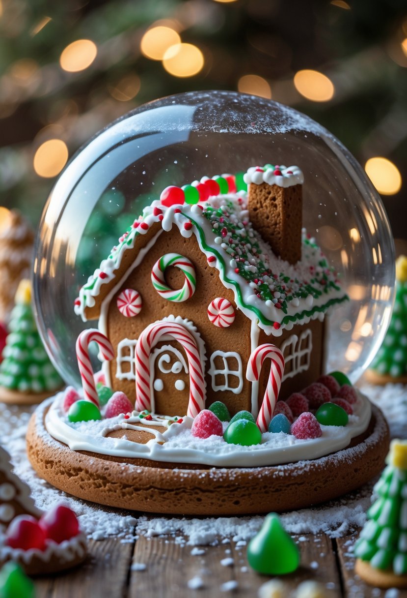 A decorated gingerbread house inside an edible snow globe with candy and icing details on a wooden surface.