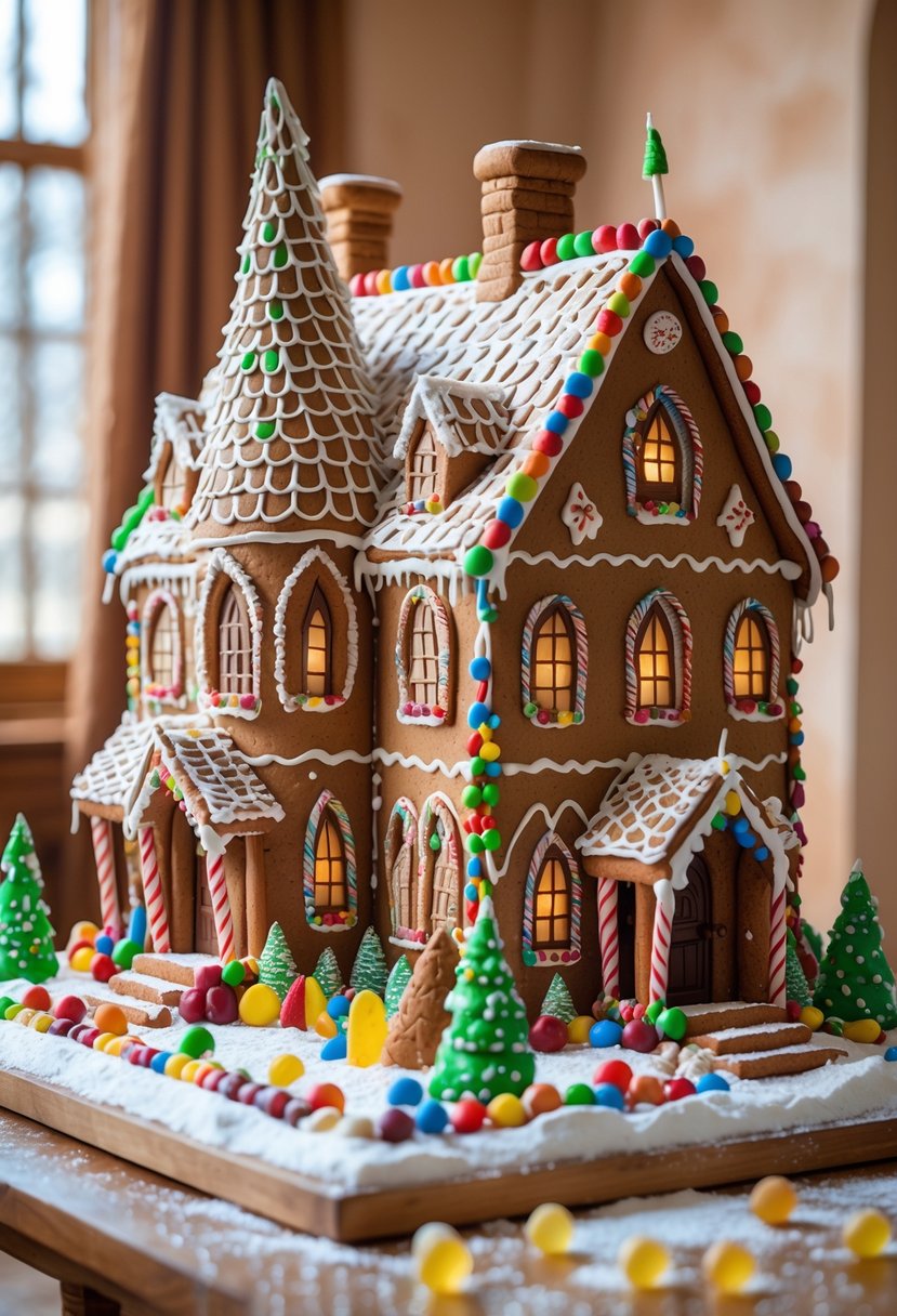 A large gingerbread mansion decorated with candy and icing, surrounded by edible trees and candies on a wooden surface.
