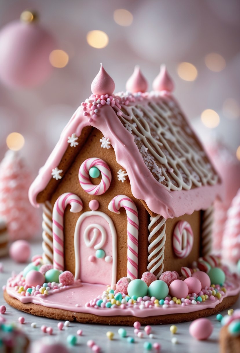 A gingerbread house decorated with pink and white frosting, surrounded by candy decorations on a warm background.