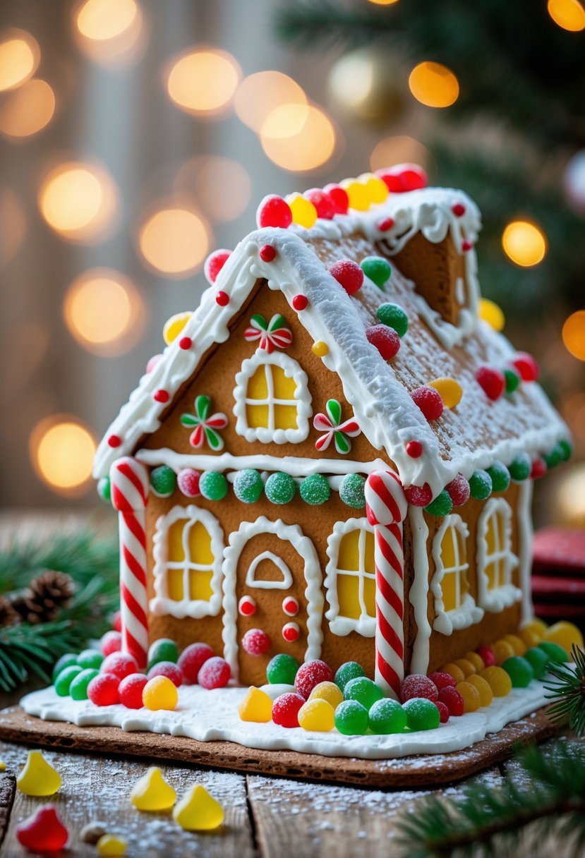 A gingerbread house decorated with colorful gumdrops and icing on a wooden surface with holiday decorations nearby.