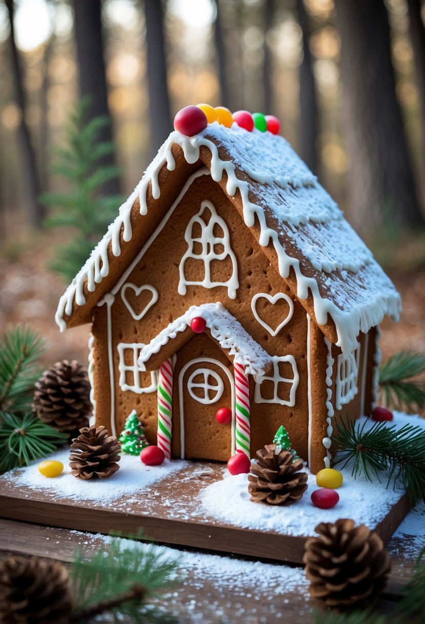 A decorated gingerbread cabin surrounded by pine cones and evergreen branches on a wooden surface.