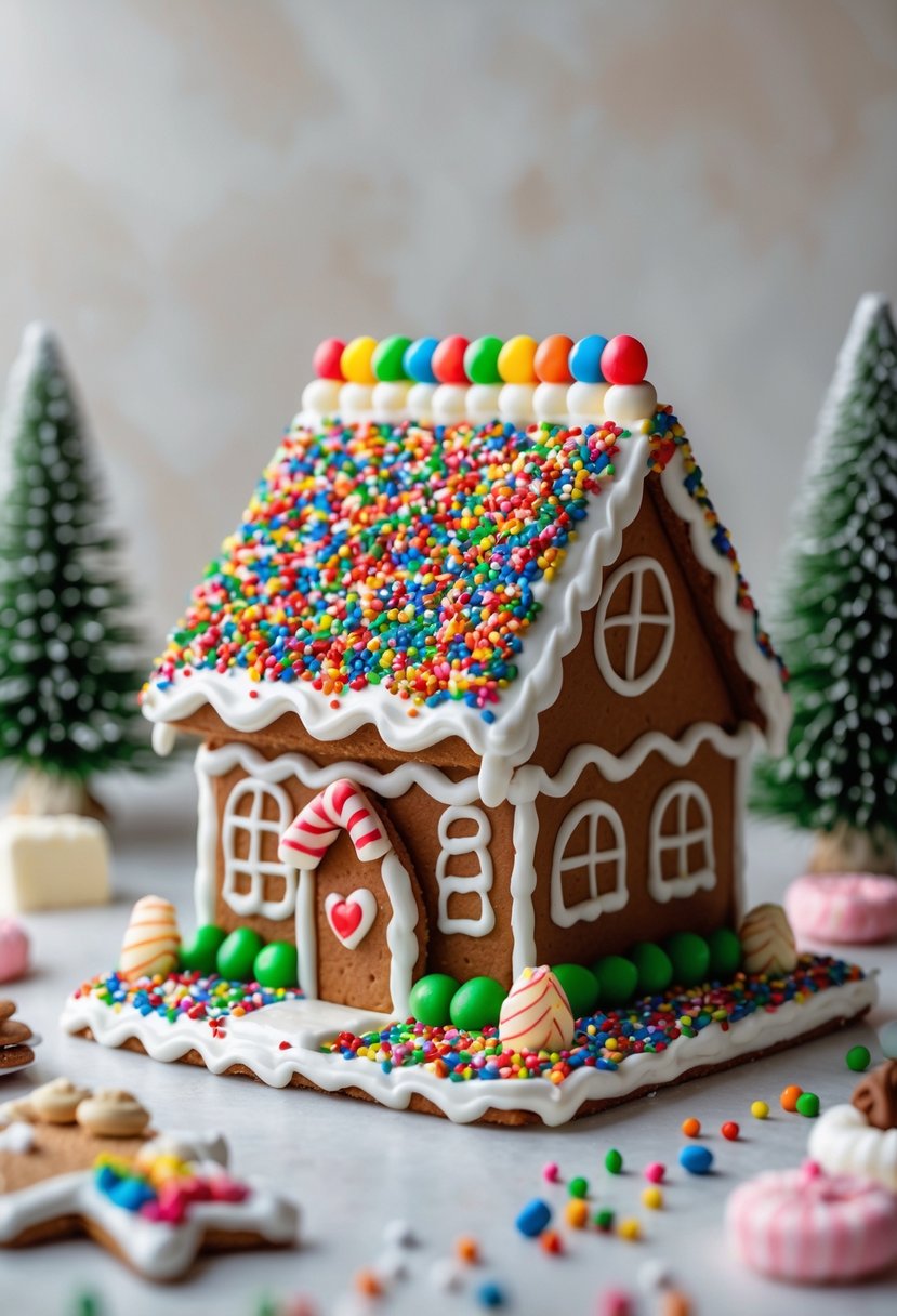 A gingerbread house with a candy roof covered in rainbow sprinkles and decorated with icing and candy accents.