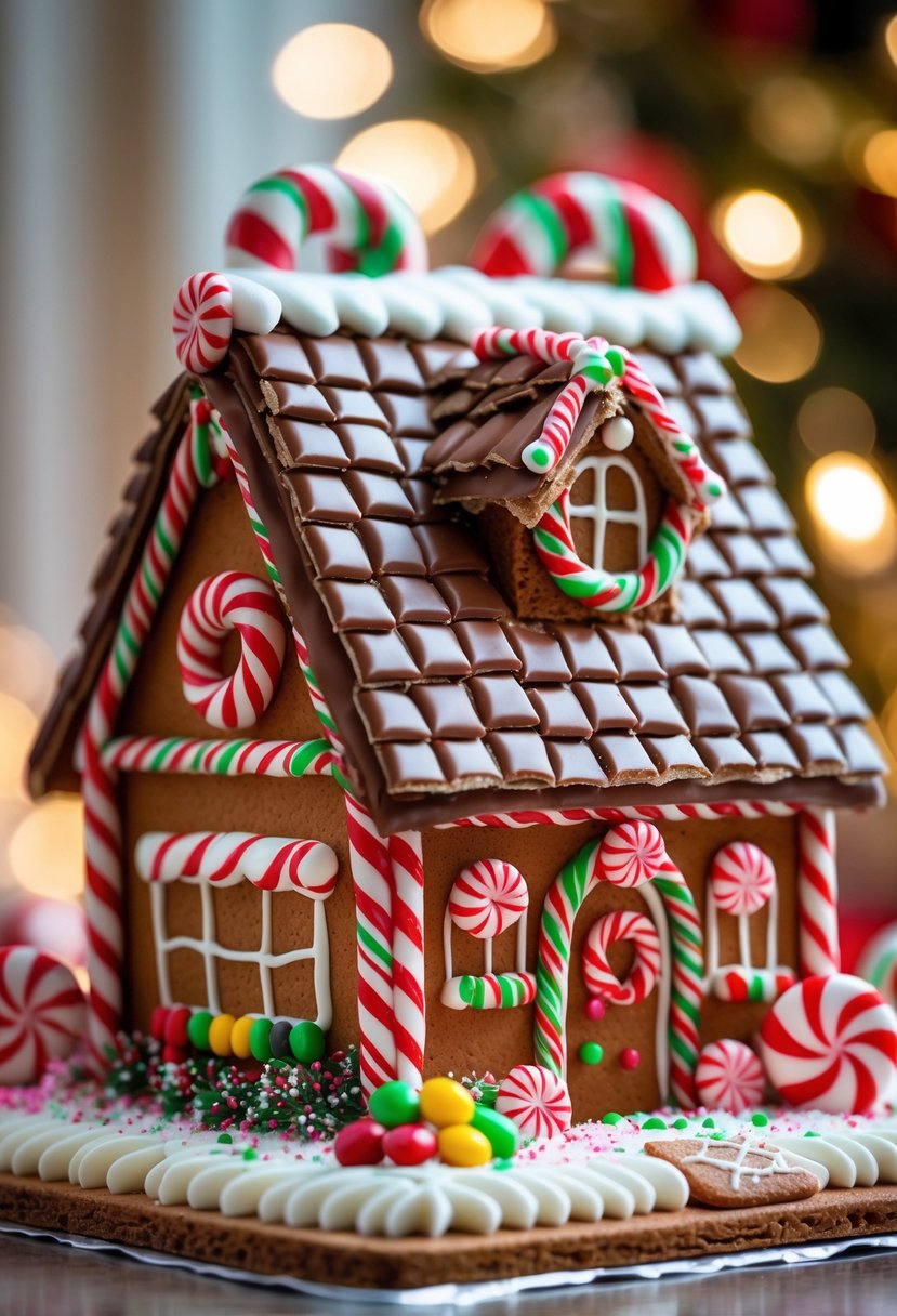 A gingerbread house with chocolate shingles and colorful candy decorations.