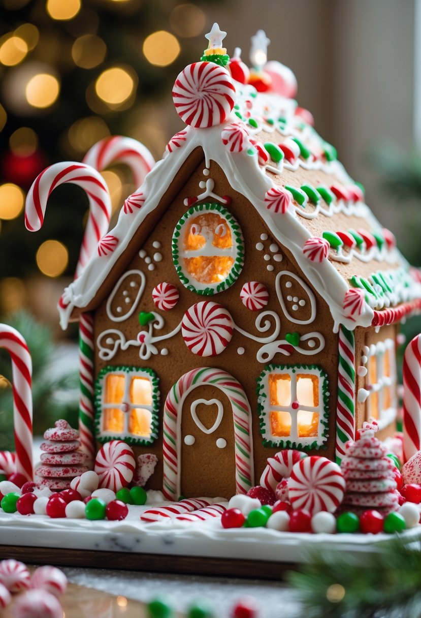 A decorated gingerbread house with peppermint swirl candies and colorful holiday decorations.