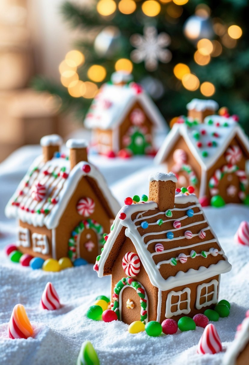 A gingerbread village with multiple small decorated gingerbread houses arranged on a snowy surface.