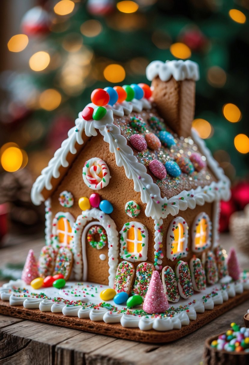 A gingerbread house decorated with icing, colorful candy, and sparkling edible glitter on a wooden surface.