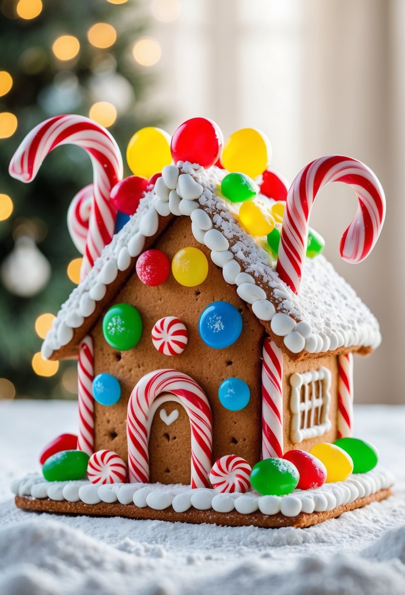 A gingerbread house decorated with large colorful candies including gumdrops, candy canes, and peppermint swirls on a snowy surface.