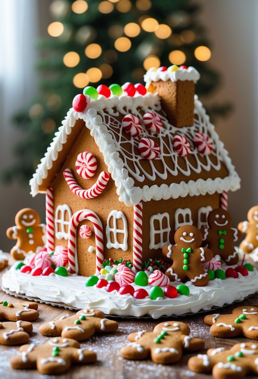 A gingerbread house decorated with icing and colorful candies, surrounded by gingerbread men cookies on a wooden surface.
