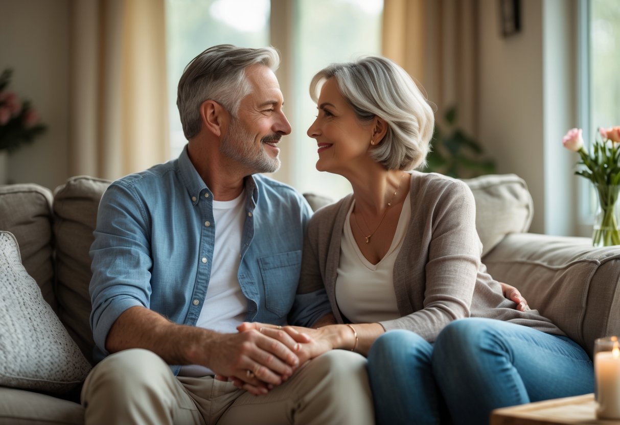 A mature couple sitting closely on a sofa, holding hands and looking into each other's eyes with hopeful expressions.