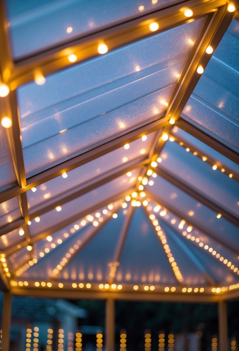 Bright LED lights glowing inside a translucent roof structure.