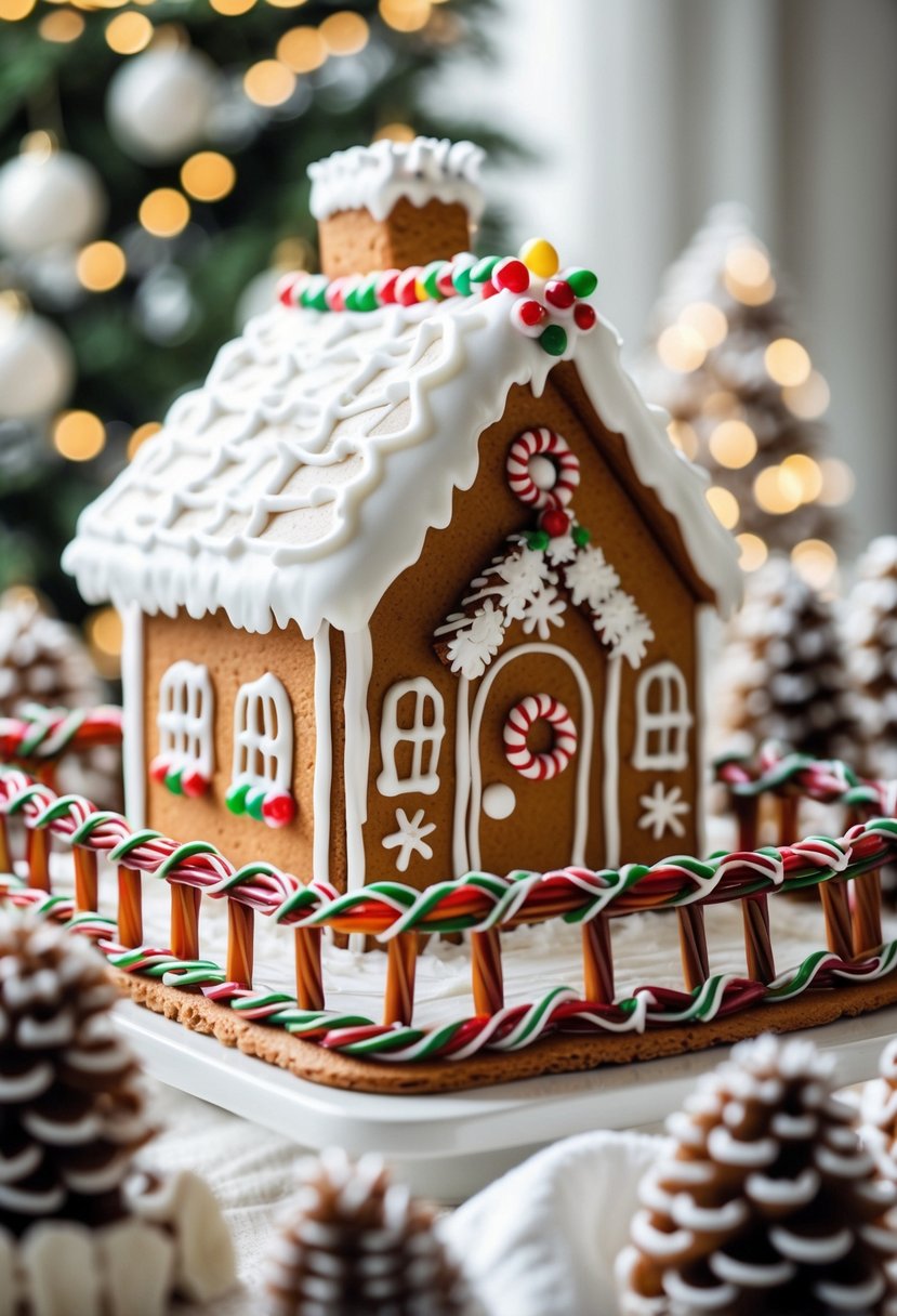 A gingerbread house with white icing and woven licorice fences surrounding it.