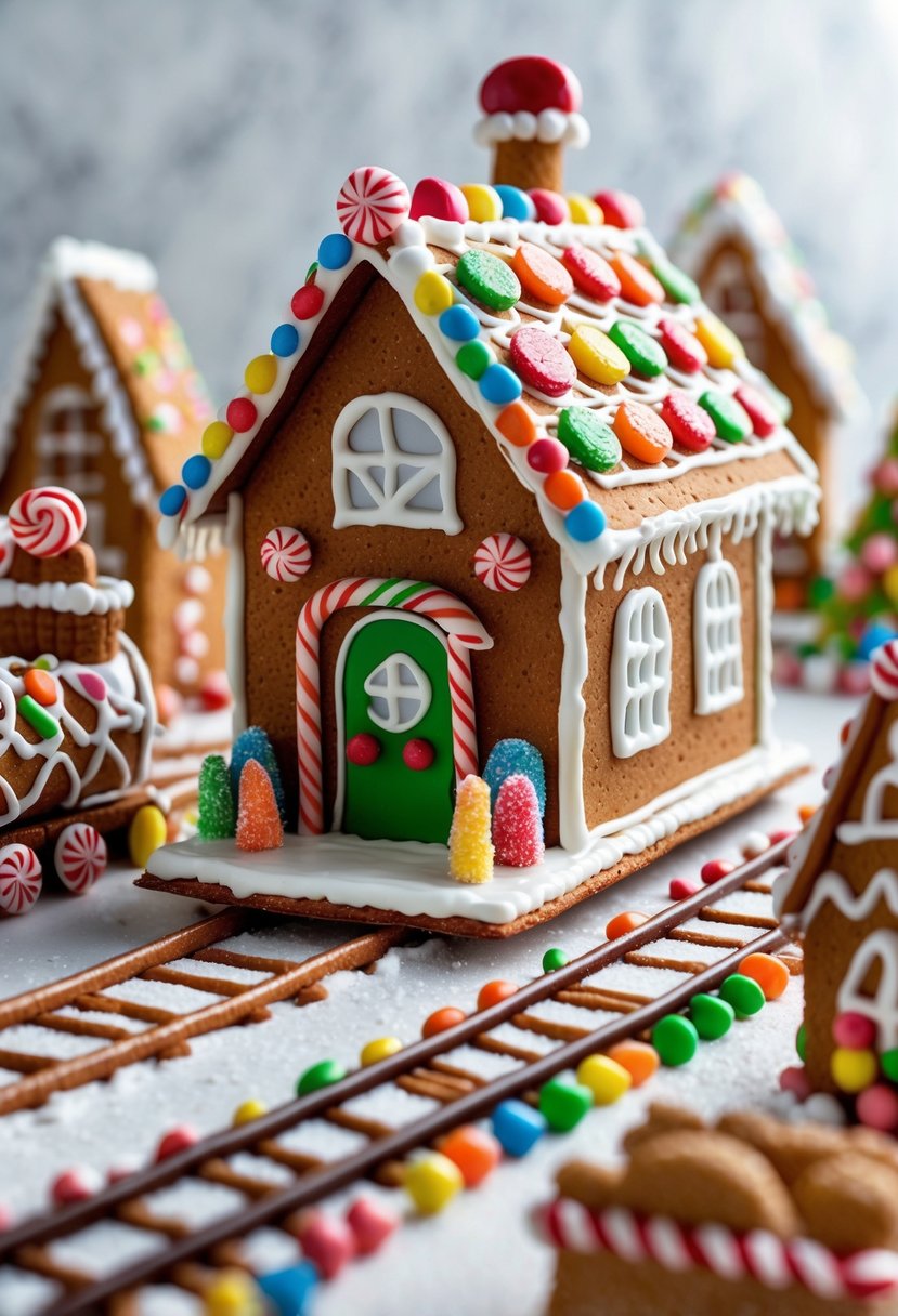 A gingerbread train station with candy cane rails and colorful candy decorations surrounded by gingerbread houses.