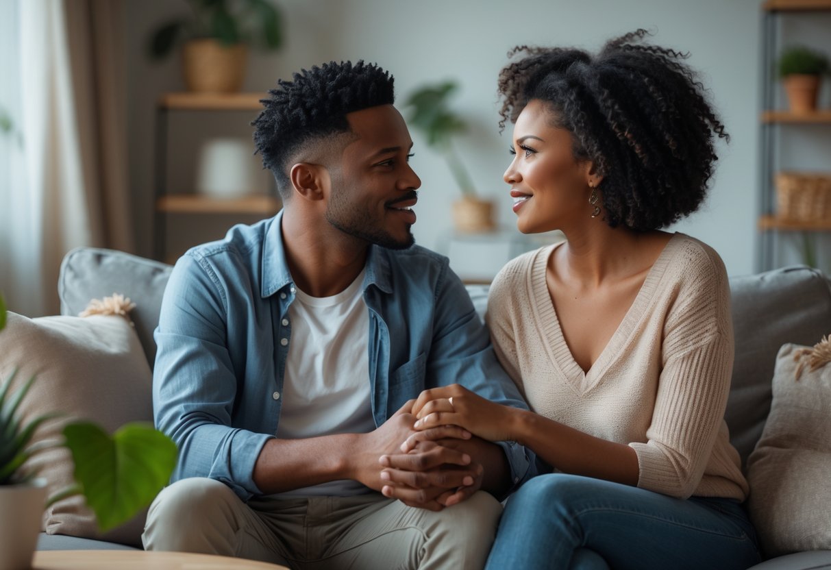 A man and woman sitting closely on a sofa, holding hands and looking at each other with understanding and hope.