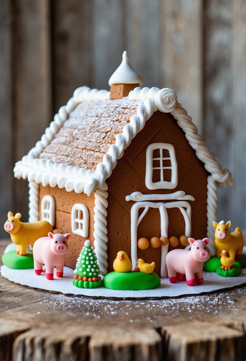 A gingerbread barn surrounded by colorful fondant farm animals on a wooden surface.