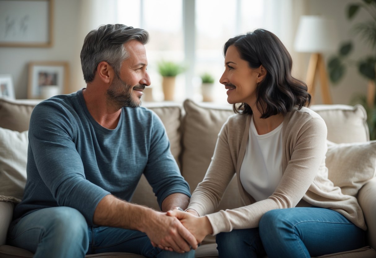 A man and a woman sitting close on a couch holding hands and looking at each other with understanding and hope.