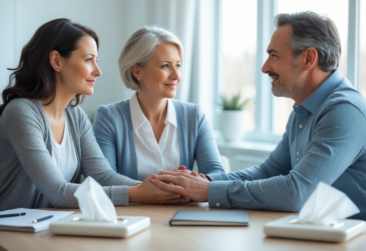 A couple sitting with a therapist in a bright office, holding hands and engaged in a counseling session.