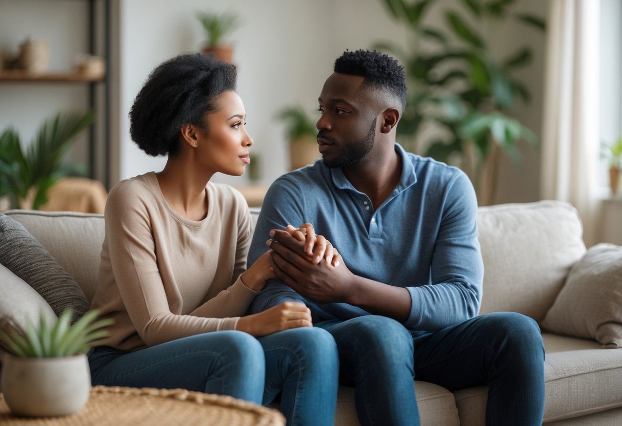 A couple sitting on a sofa having a calm and supportive conversation in a cozy living room.