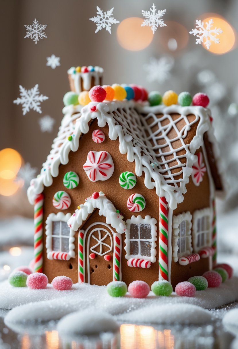 A gingerbread house decorated with icing and candy, surrounded by sparkling sugar crystal snowflakes.