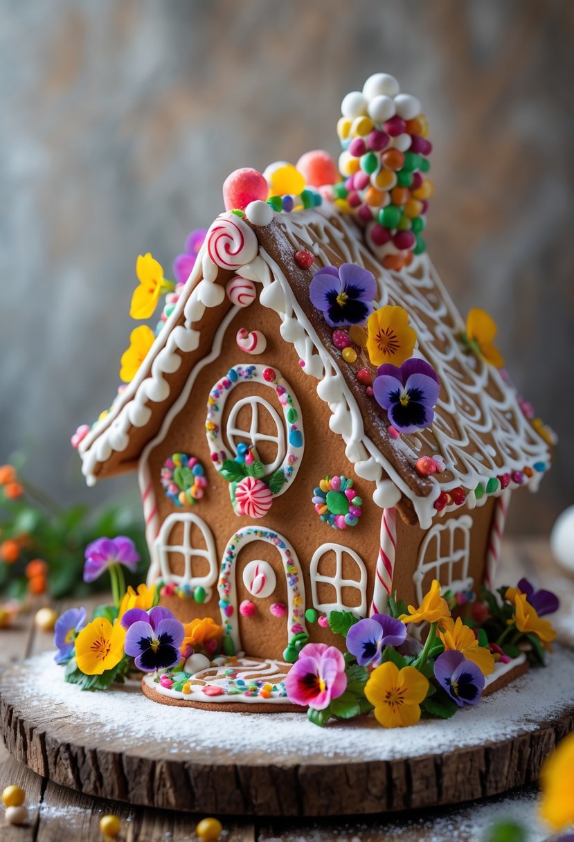 A gingerbread fairy house decorated with colorful edible flowers and icing on a wooden surface.