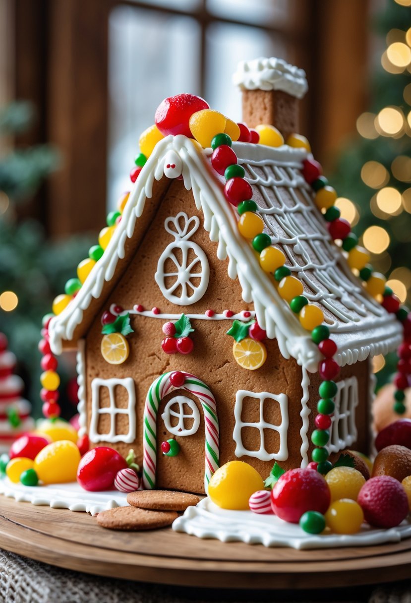 A gingerbread house decorated with colorful marzipan fruit garlands and icing details.