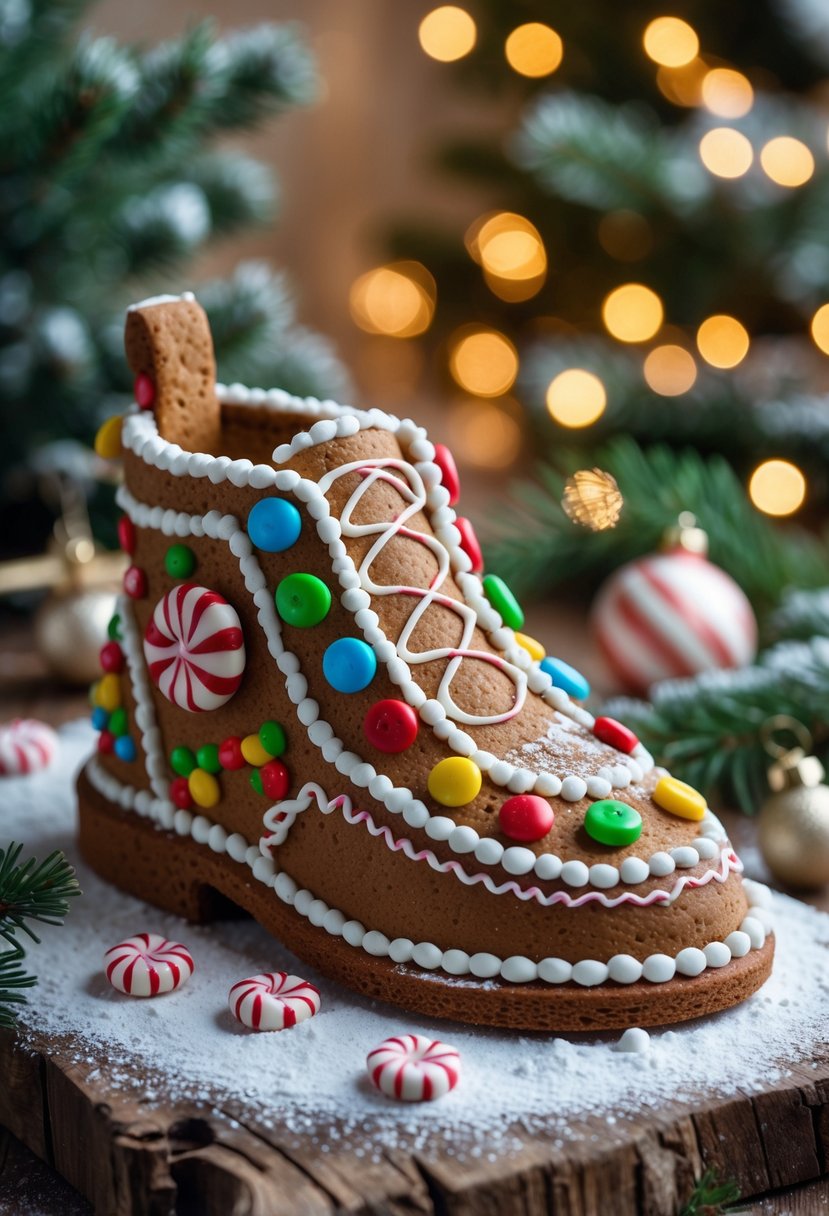 A gingerbread house shaped like a shoe decorated with colorful candies and icing on a wooden surface with holiday decorations around it.