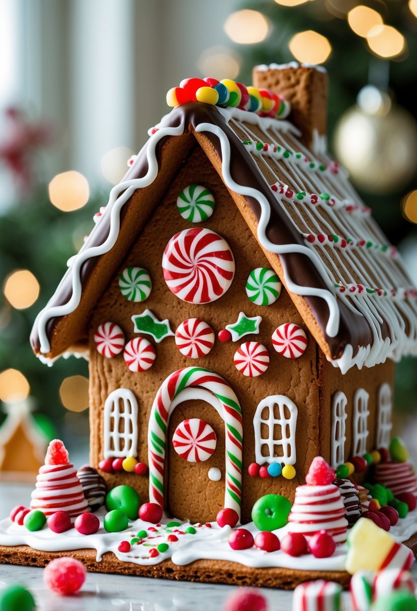 A decorated gingerbread house with chocolate-dipped roof edges and colorful candy decorations.