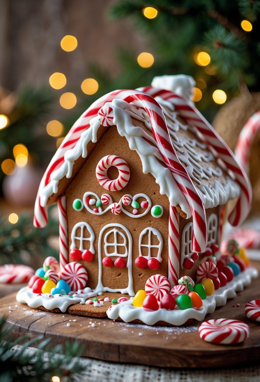A gingerbread house decorated with candy cane garlands and colorful candies surrounded by holiday decorations.