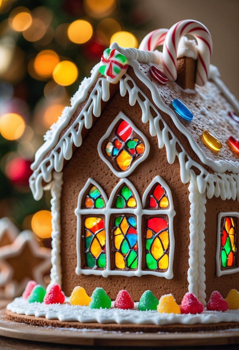 A gingerbread house decorated with colorful stained glass effect windows and candy accents.
