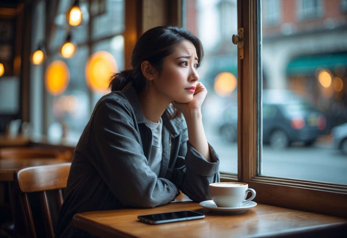 A young woman sitting alone at a cafe table, looking thoughtfully out the window with a smartphone and coffee cup in front of her.