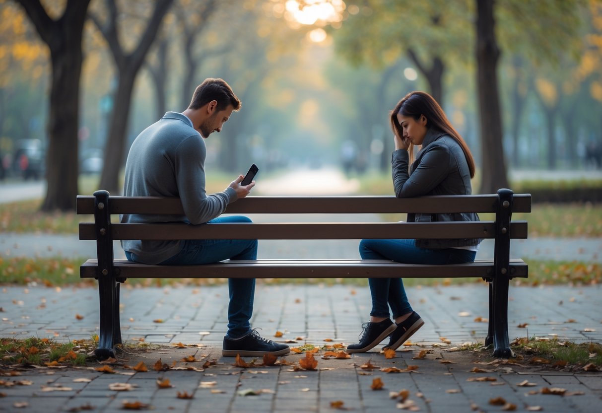 A young adult couple sitting apart on a park bench, looking away from each other with sad and thoughtful expressions.