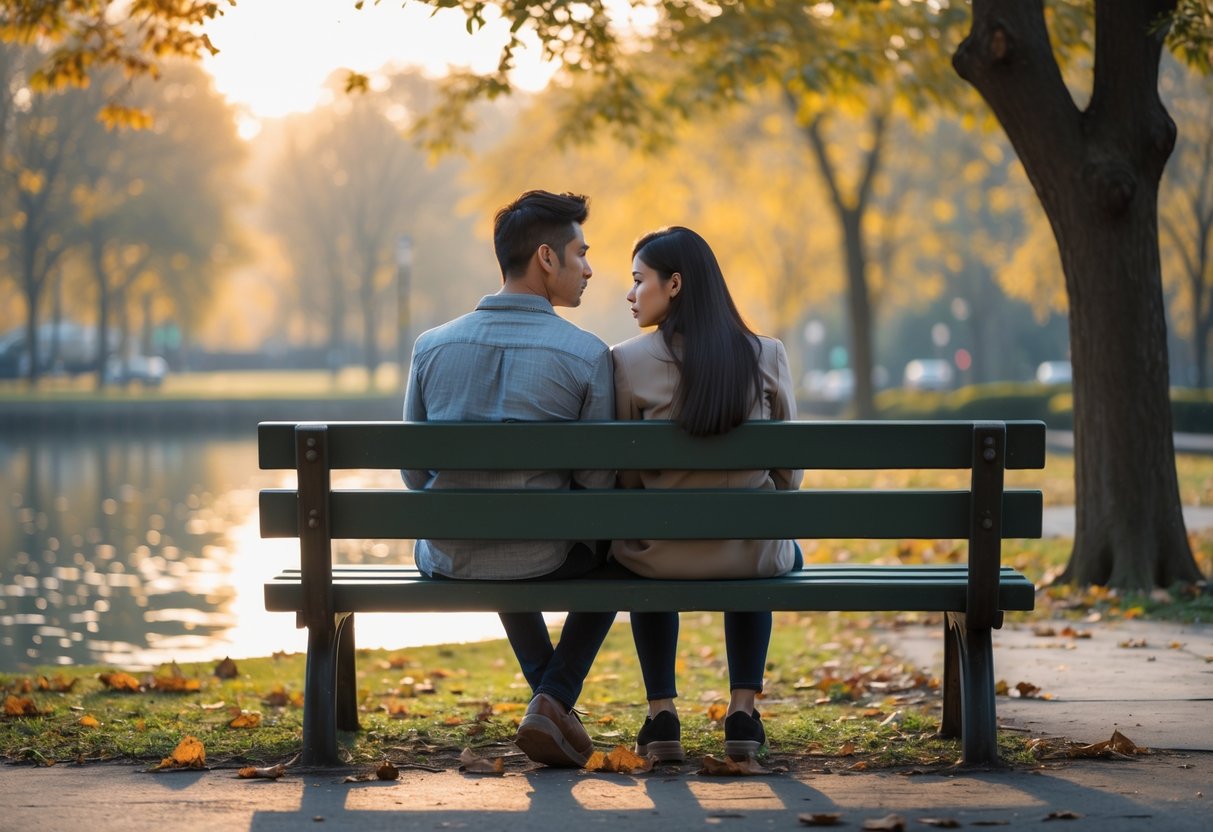 A young man and woman sit apart on a park bench looking away from each other with thoughtful and sad expressions in a quiet park setting.