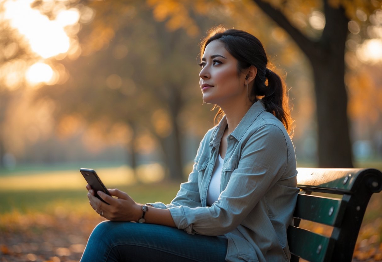 A young woman sitting alone on a park bench, looking thoughtful and holding a smartphone, surrounded by autumn trees in soft sunlight.