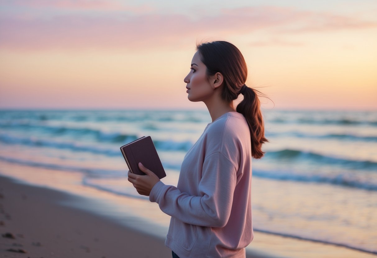 A young woman standing alone on a beach at sunset, looking thoughtfully toward the horizon while holding a journal.