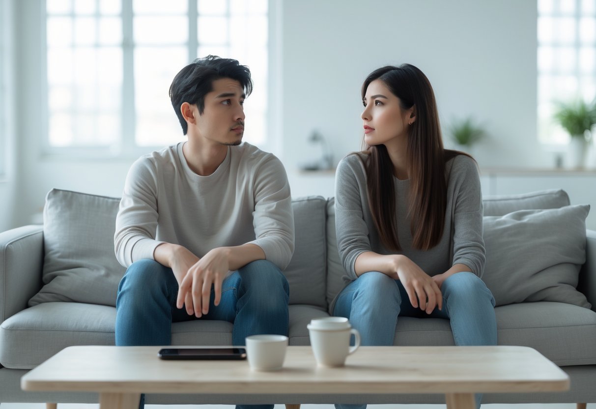 A young couple sitting apart on a couch in a bright living room, looking distant and not making eye contact.