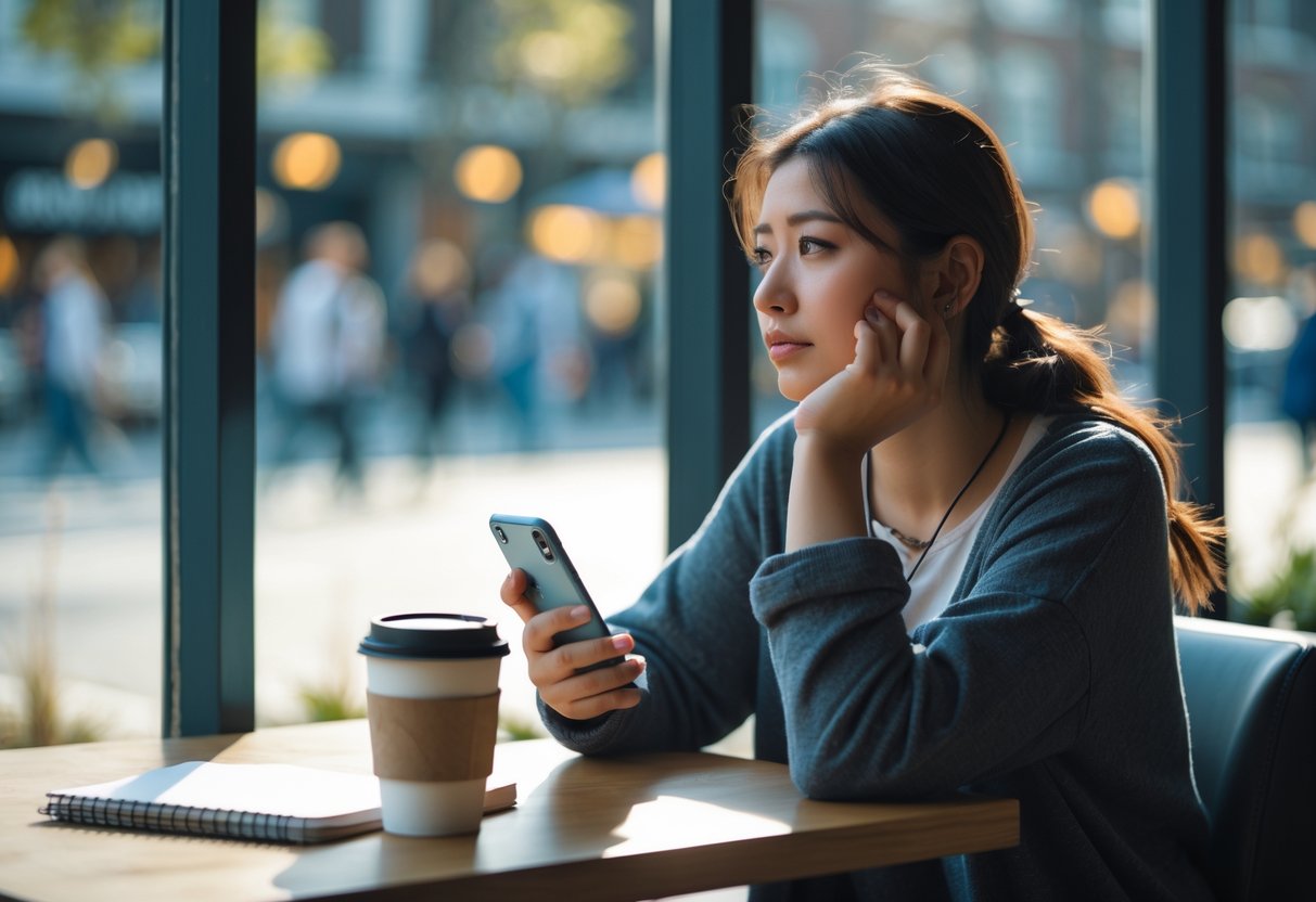 A young woman sitting alone at a coffee shop table, looking thoughtfully out the window while holding a smartphone.