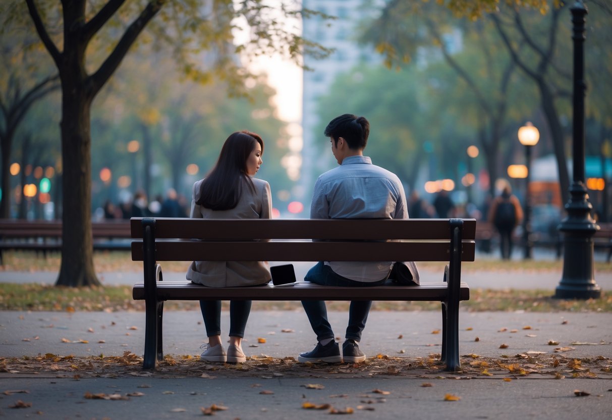 A young man and woman sitting apart on a park bench, both looking away from each other with sad expressions.